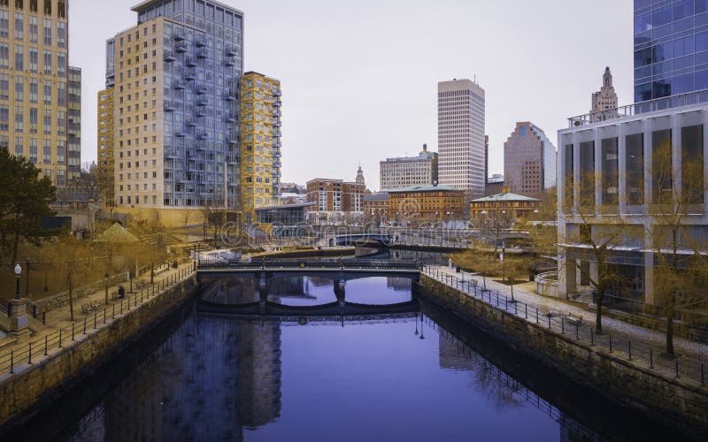 Providence Downtown Waterplace Park with City Skyline and Reflections on the River