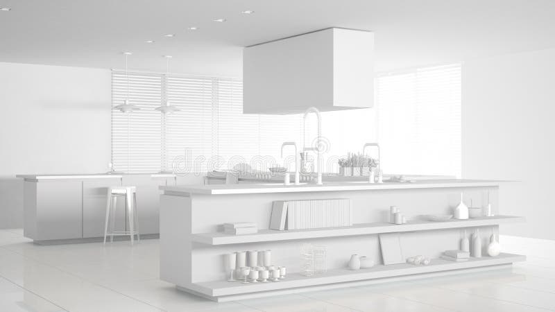 Proyecto blanco total de la cocina moderna profesional minimalistic con los accesorios, interior contemporáneo ilustración del vector Proyecto blanco total de la cocina moderna profesional minimalistic con los accesorios, interior contemporáneo ilustración del vector