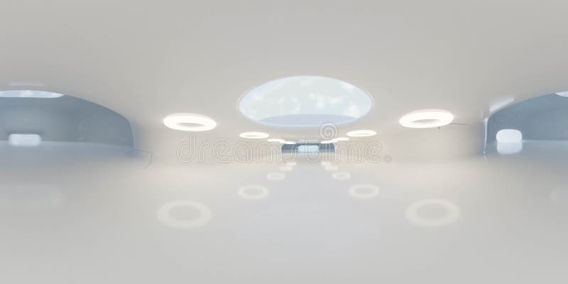 360 Prozent -Grad-equirectangular Panorama hdri des modernen futuristischen weißen Gebäudes Innen-3d Illustration übertragen