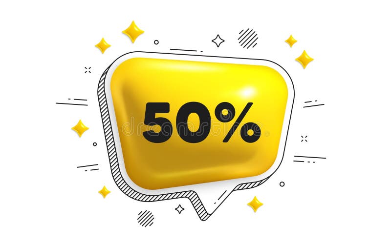 50 percent off sale tag. Chat speech bubble 3d icon. Discount offer price sign. Special offer symbol. Discount chat message. Speech bubble banner with stripes. Yellow text balloon. Vector. 50 percent off sale tag. Chat speech bubble 3d icon. Discount offer price sign. Special offer symbol. Discount chat message. Speech bubble banner with stripes. Yellow text balloon. Vector