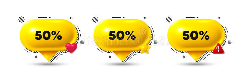 Chat speech bubble 3d icons. 50 percent off sale tag. Discount offer price sign. Special offer symbol. Discount chat offer. Speech bubble banners. Text box balloon. Vector. Chat speech bubble 3d icons. 50 percent off sale tag. Discount offer price sign. Special offer symbol. Discount chat offer. Speech bubble banners. Text box balloon. Vector