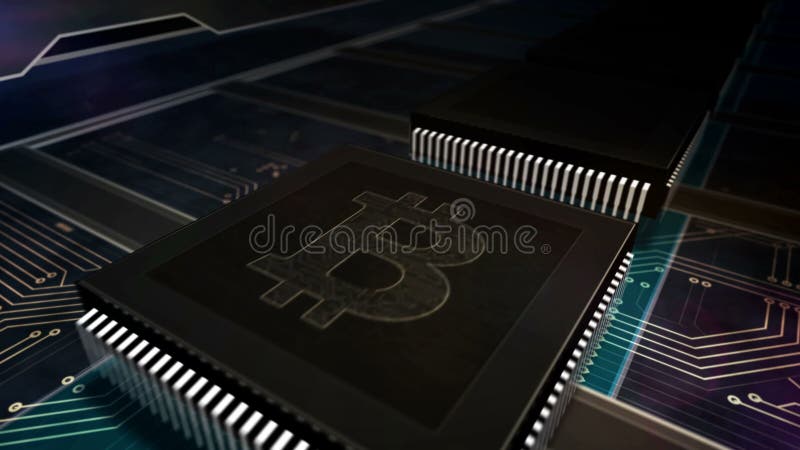 Prozessorfabrik mit Laserbrennen von bitcoin Symbolen lizenzfreie abbildung