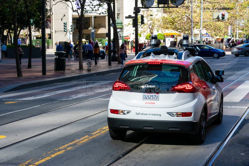 Cruise Automation self driving Chevrolet Bolt undergoing driving test. Cruise Automation is a self-driving technology company, a subsidiary of General Motors - San Francisco, California, USA - 2019. Cruise Automation self driving Chevrolet Bolt undergoing driving test. Cruise Automation is a self-driving technology company, a subsidiary of General Motors - San Francisco, California, USA - 2019