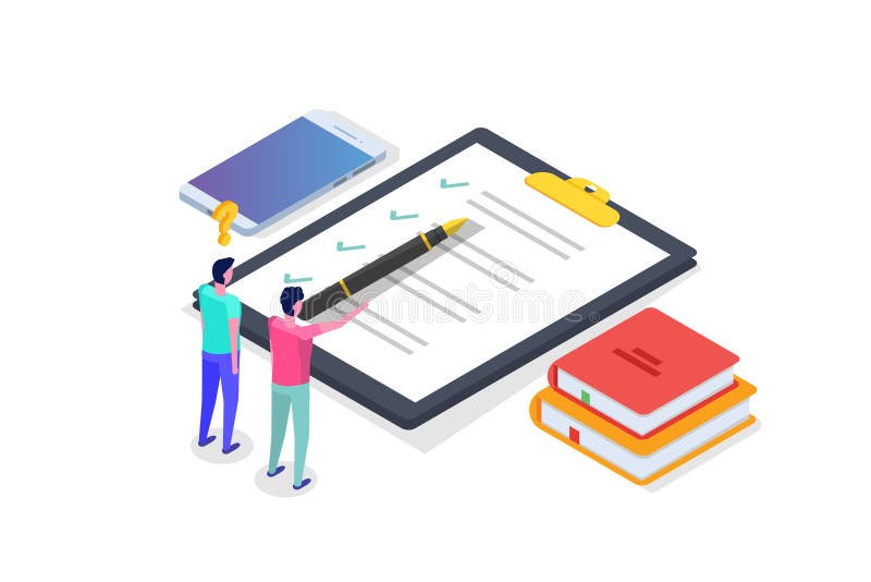 Prueba en línea, aprendizaje electrónico, concepto isométrico de la educación stock de ilustración Prueba en línea, aprendizaje electrónico, concepto isométrico de la educación stock de ilustración