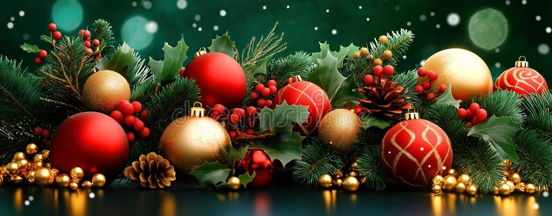 Prydnadsföremål för festlig semester med pinjekonar som är hollösa och guldbauble på grön bakgrund. julklapp och nytt årskort. vektor illustrationer