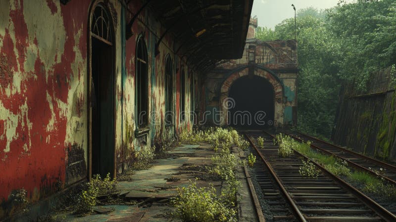 Przecięte tory pociągowe prowadzące przez ciemny tunel w opuszczonej konstrukcji ilustracji