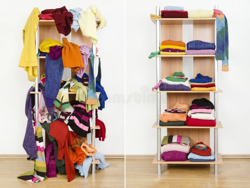 Messy clothes thrown on a shelf and nicely arranged clothes in piles. Messy clothes thrown on a shelf and nicely arranged clothes in piles.