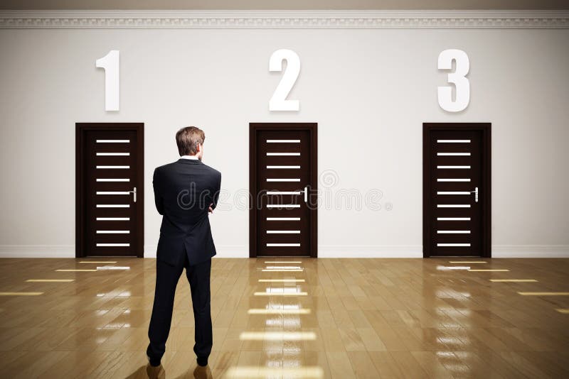 Businessman standing in front of three doors and has to choose between 3 options. Businessman standing in front of three doors and has to choose between 3 options