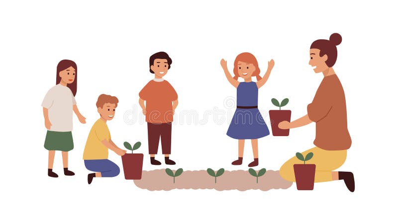 Przedszkole nauczycielka z grupą dzieci Kwiaty sadzenia kobiet Lekcja ogrodnicza, rozrywka ilustracji