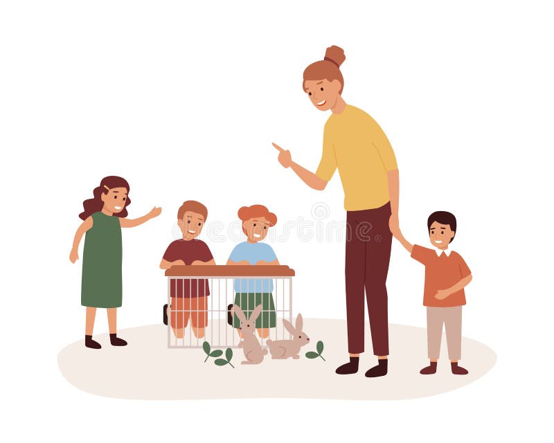 Przedszkole nauczycielka z przedszkolami grupowa płaska ilustracja wektora Lekcja pielęgnacji zwierząt, zabawy z królikami Kobiet ilustracja wektor