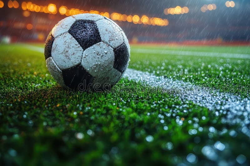 Przemoczona piłka nożna spoczywa na mokrej trawie podczas deszczowego wieczornego meczu pod jasnymi światłami stadionu zdjęcia royalty free