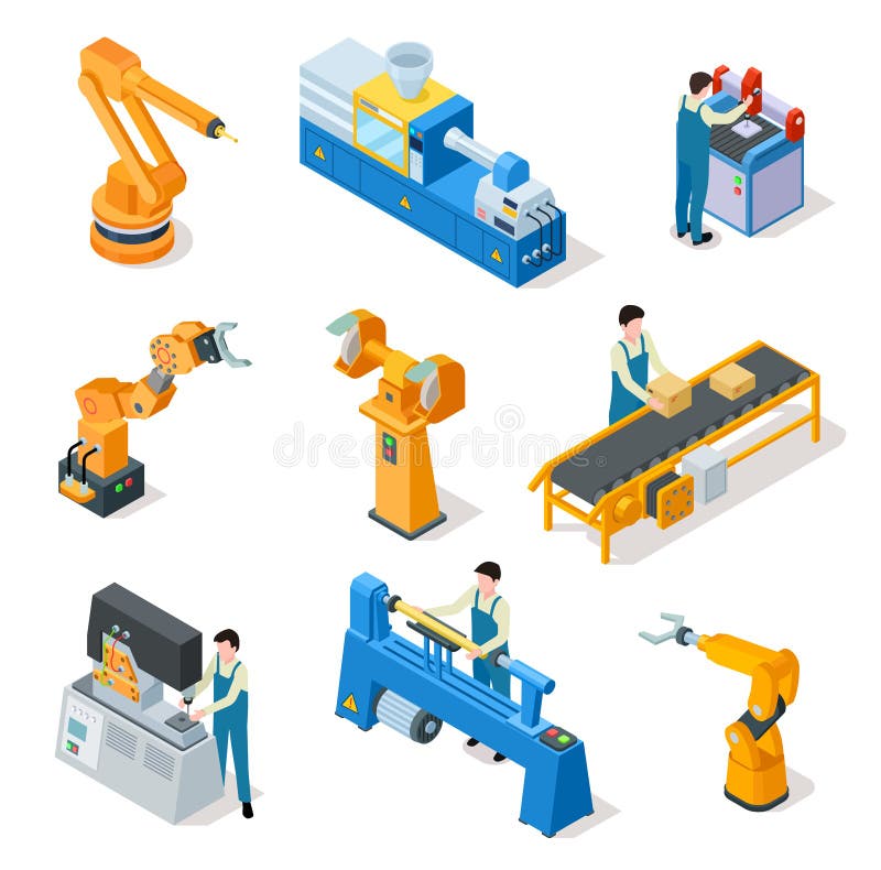 Przemysłowi roboty Isometric maszyny, linii montażowych elemets i mechaniczne ręki z pracownikami, 3d produkcja ilustracja wektor Przemysłowi roboty Isometric maszyny, linii montażowych elemets i mechaniczne ręki z pracownikami, 3d produkcja ilustracja wektor