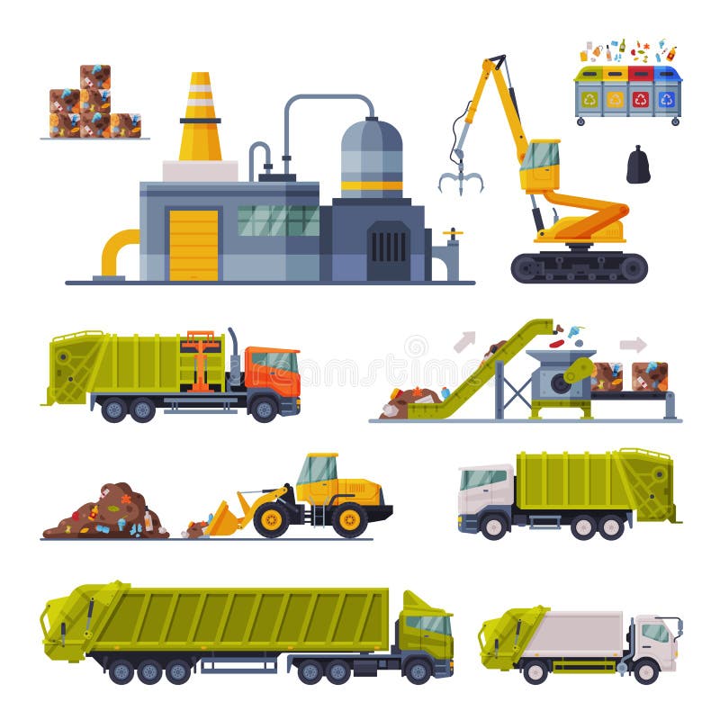 Przemysłowy recykling śmieci zestaw odpadów przetwórnia śmieci fabryka śmietników ciężarówka śmietnik transport ilustracji