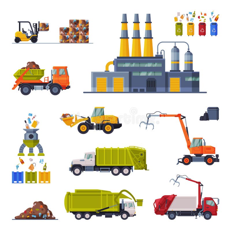 Przemysłowy recykling śmieci zestaw odpadów zakład utylizacji śmieci śmieciarka śmieciarka transport separacja royalty ilustracja