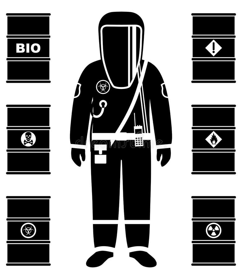 Man in protective suit in flat style. Dangerous profession. Different metal barrels for oil, biofuel, explosive, chemical, radioactive, toxic, hazardous, dangerous, flammable and poisonous substances and liquids. Vector illustration. Man in protective suit in flat style. Dangerous profession. Different metal barrels for oil, biofuel, explosive, chemical, radioactive, toxic, hazardous, dangerous, flammable and poisonous substances and liquids. Vector illustration.