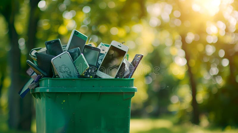 Przepełniony pojemnik na śmieci wypełniony usuniętymi smartfonami w ustawieniu zielonego parku. koncepcja odpadów elektronicznych. Zielony pojemnik na odpady z dawnymi telefonami komórkowymi symbolizującymi marnowanie technologii w naturze okrąża. ai