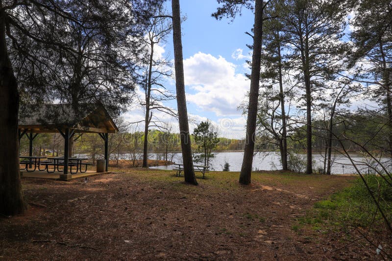 A gorgeous rippling lake in the park with brown wooden pergolas, tall lush green pine trees and bare winter trees with blue sky and clouds at Murphey Candler Park in Atlanta Georgia USA. A gorgeous rippling lake in the park with brown wooden pergolas, tall lush green pine trees and bare winter trees with blue sky and clouds at Murphey Candler Park in Atlanta Georgia USA