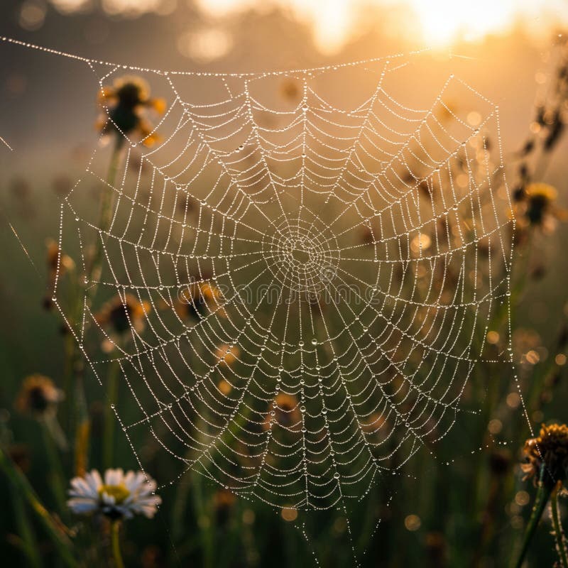 Przeraźliwie tkana pajęczyna ozdobiona maleńkimi kropelkami rosy błyszczącymi rano ilustracja wektor