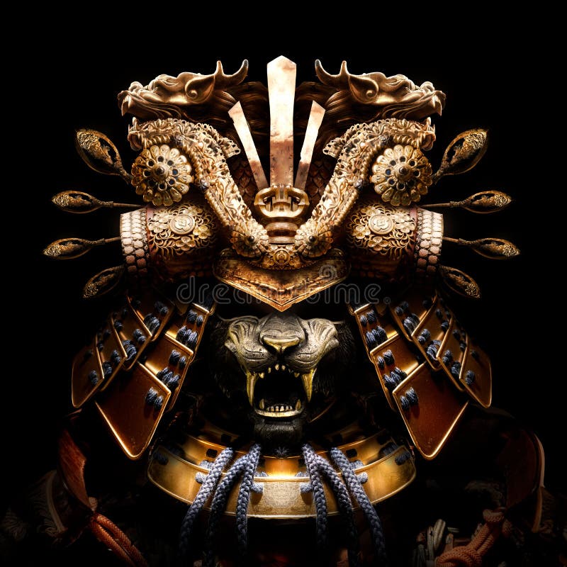 A terrifying Golden samurai helmet with a tiger mask with sharp fangs, many beautiful patterns and interlaces on the helmet, two dragons on each side. On a black background. A terrifying Golden samurai helmet with a tiger mask with sharp fangs, many beautiful patterns and interlaces on the helmet, two dragons on each side. On a black background