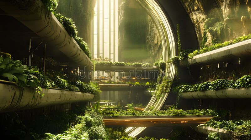 Przerośnięte Ruiny Futurystyczne Zieleń Lush Odzyskuje Betonową Strukturę Kołową W Słońcu ilustracji