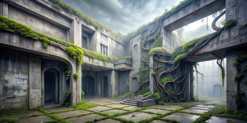 Przerośnięty podwórko zapomnianej struktury mistyczna scena atmosferyczna natury przywracająca konkretną architekturę. Generatywny ilustracji