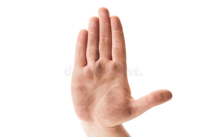 Stop begging for money concept using dirty homeless hand on white background. Stop begging for money concept using dirty homeless hand on white background