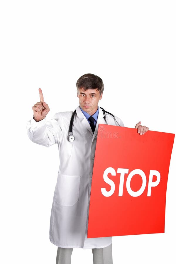 Portrait of senior doctor with warning table. Isolated with clipping path. Portrait of senior doctor with warning table. Isolated with clipping path.