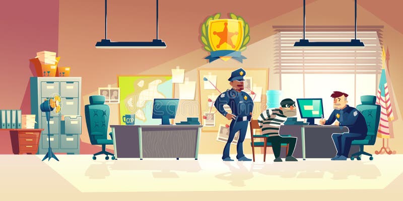 Przesłuchanie w policyjnym wektorze karykatury ilustracji Przesłuchanie w policyjnym wektorze karykatury ilustracji