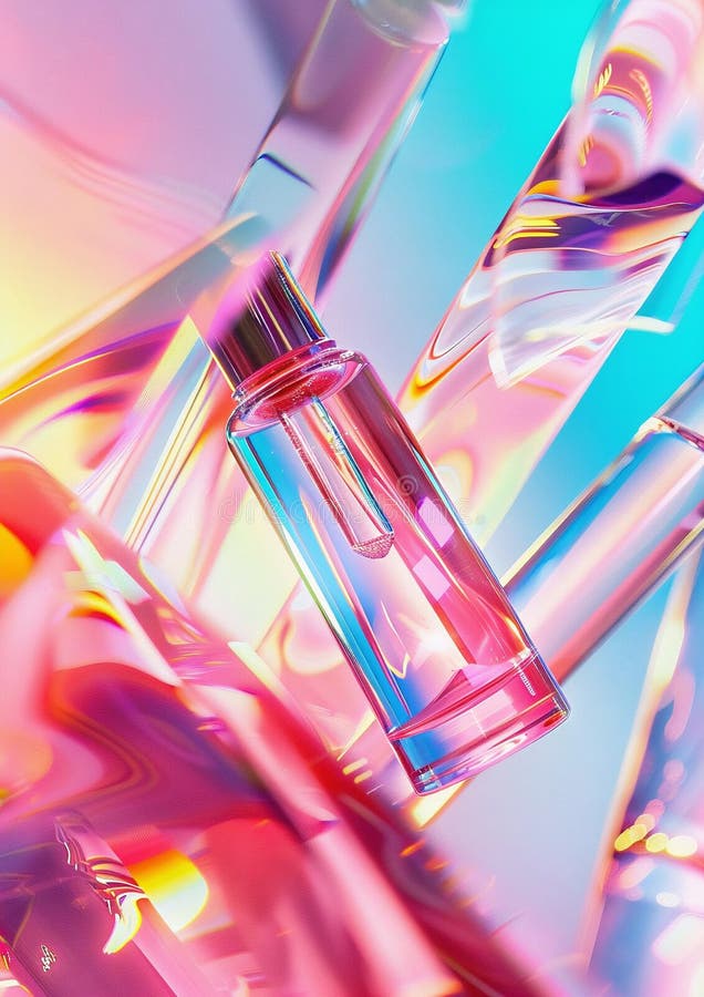 Przezroczysta butelka perfum z różowym barwem i srebrnym wieczkiem znajduje się pośród żywego abstrakcyjnego tła, delikatnej kropl fotografia stock