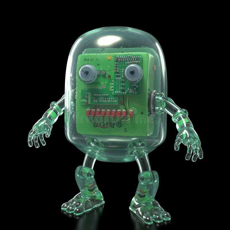Przezroczysty robot z głową w kształcie domowym zawiera zieloną płytę obwodu z ilustracja wektor