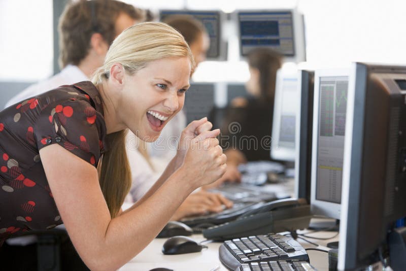 Close up of Stock Trader Overjoyed Looking At Monitor. Close up of Stock Trader Overjoyed Looking At Monitor