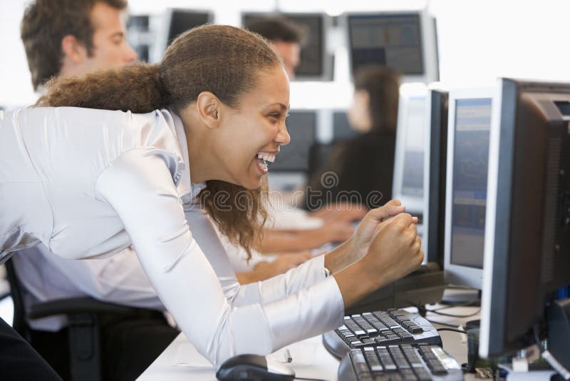 Close up of Stock Trader Overjoyed Looking At Monitor. Close up of Stock Trader Overjoyed Looking At Monitor