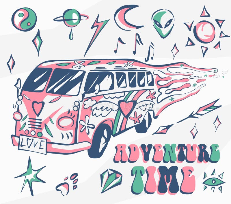 Przygoda czasu wektoru plakat Hipisa samochód, mini samochód dostawczy z różnymi symbolami Retro kolory Psychodeliczny pojęcie ró royalty ilustracja Przygoda czasu wektoru plakat Hipisa samochód, mini samochód dostawczy z różnymi symbolami Retro kolory Psychodeliczny pojęcie ró royalty ilustracja