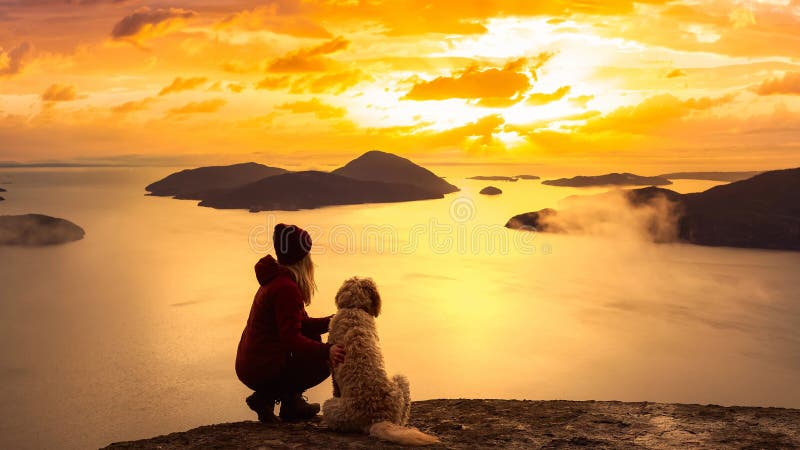 Przygodowa dziewczyna wędrująca na szczycie góry z psem. animacja pętli ciągłej filmowej.