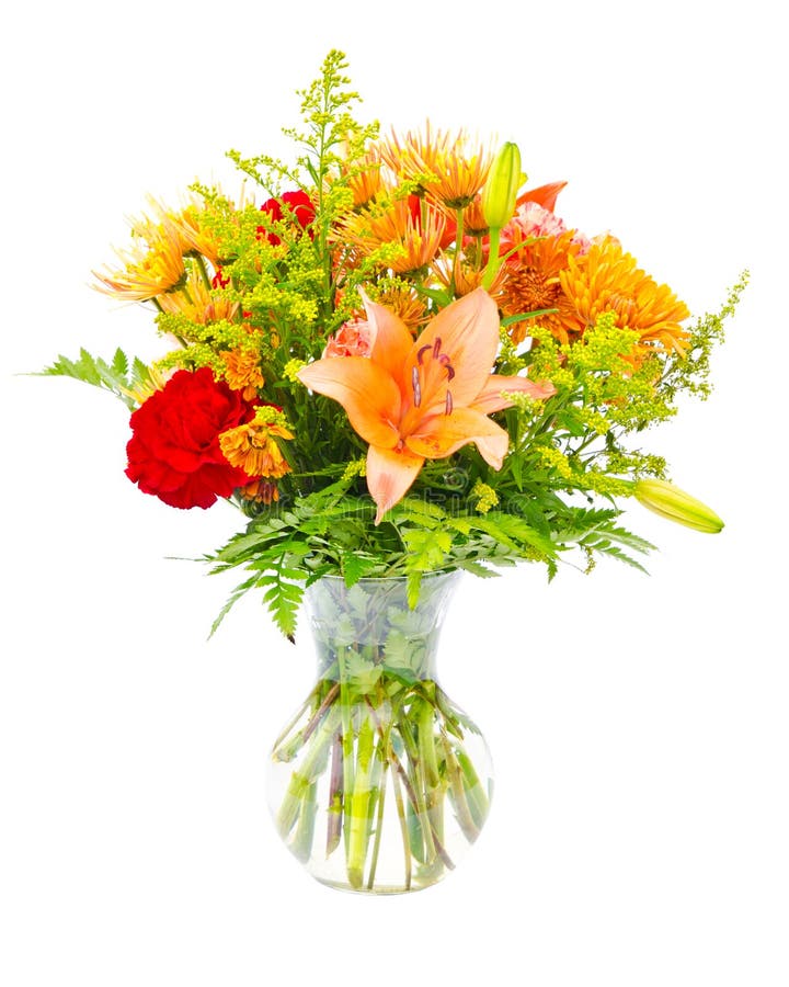 Colorful flower bouquet arrangement centerpiece in vase isolated on white. Colorful flower bouquet arrangement centerpiece in vase isolated on white.