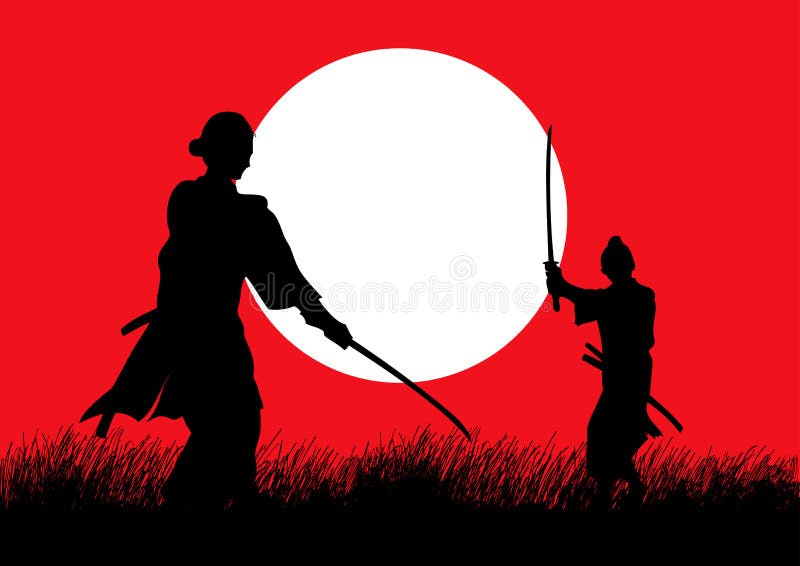 Two Samurai in duel stance facing each other on grass field. Two Samurai in duel stance facing each other on grass field