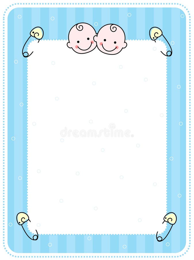 Cute blue striped frame / border with two babies [faces] and safety pins. Cute blue striped frame / border with two babies [faces] and safety pins.