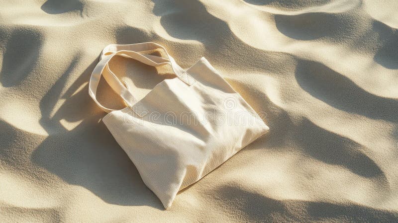 Przyjazna torebka na piaszczystej plaży słonecznej na wakacje lub projekt podróży. Ekologiczna torba na plaży zdjęcia stock