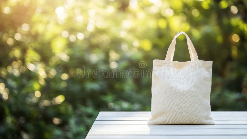 Przyjazna torebka na stole w słonecznym ogrodzie. Ekologiczna torba na plaży obrazy royalty free