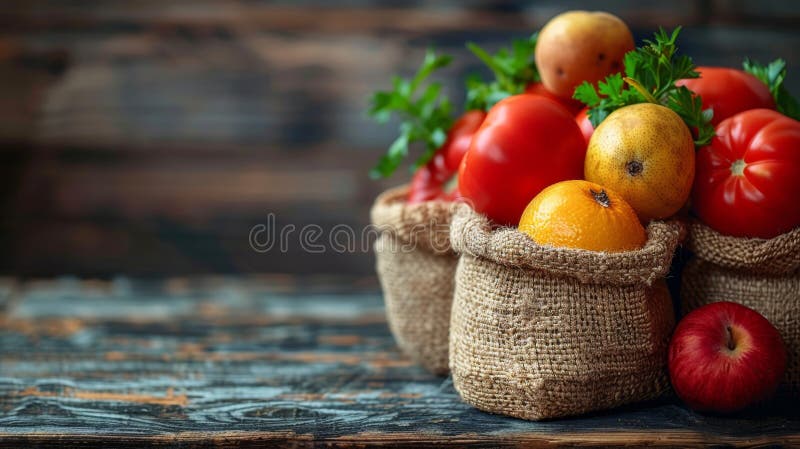 Przyjazne dla środowiska torebki zawierające świeże produkty organiczne na rustykalnym stole promującym styl życia bez marnotrawst obraz royalty free