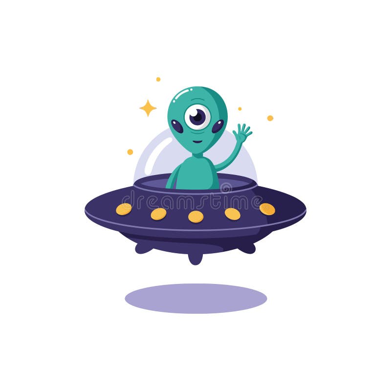 Przyjazny zielony kosmita machający z ciemnofioletowego statku kosmicznego UFO płaski rysunek wektora rysunkowego. Zielony obcy z pojedynczymi dużymi falami oczu radośnie z ciemnofioletowego UFO z żółtymi światłami w prostym płaskim stylu wektorowym.