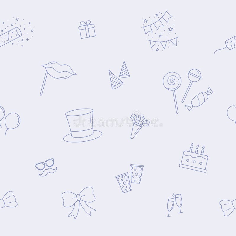 Celebration party background - Vector seamless pattern of cake, gift, drink, balloon, confetti, hat, fireworks, mask, moustache, lip, candy and etc for graphic design. Celebration party background - Vector seamless pattern of cake, gift, drink, balloon, confetti, hat, fireworks, mask, moustache, lip, candy and etc for graphic design