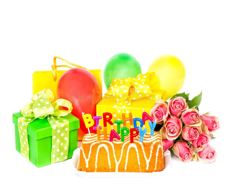 Przyjęcie urodzinowe dekoracja z róża kwiatami, tort, balony, gi zdjęcie stock Przyjęcie urodzinowe dekoracja z róża kwiatami, tort, balony, gi zdjęcie stock