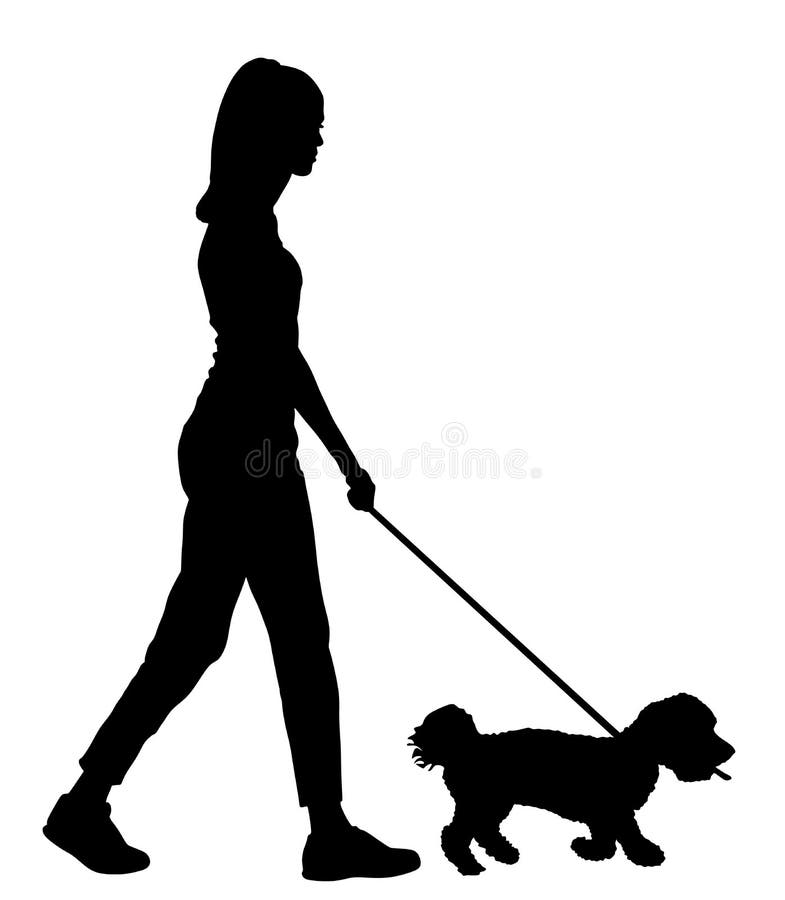 Owner handsome girl walking with dog silhouette illustration, isolated on white background. Maltese dog. Lady with cute puppy outdoor. Recreation walk with little friend after work. Relax time. Owner handsome girl walking with dog silhouette illustration, isolated on white background. Maltese dog. Lady with cute puppy outdoor. Recreation walk with little friend after work. Relax time.