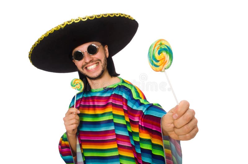 Przystojny mężczyzna w żywym poncho mienia lollypop obraz stock Przystojny mężczyzna w żywym poncho mienia lollypop obraz stock