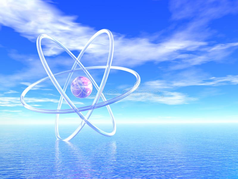 Tropical atom- 3d render of an atom in a serene, tropical setting, with ocean and reflection on the water. The future of science is bright!. Tropical atom- 3d render of an atom in a serene, tropical setting, with ocean and reflection on the water. The future of science is bright!