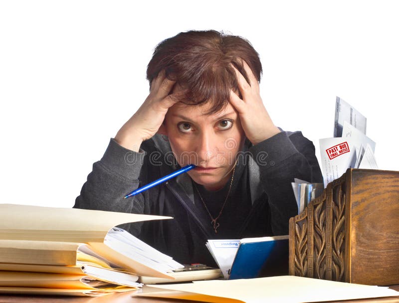 Stressed woman working on taxes and household finances. Stressed woman working on taxes and household finances