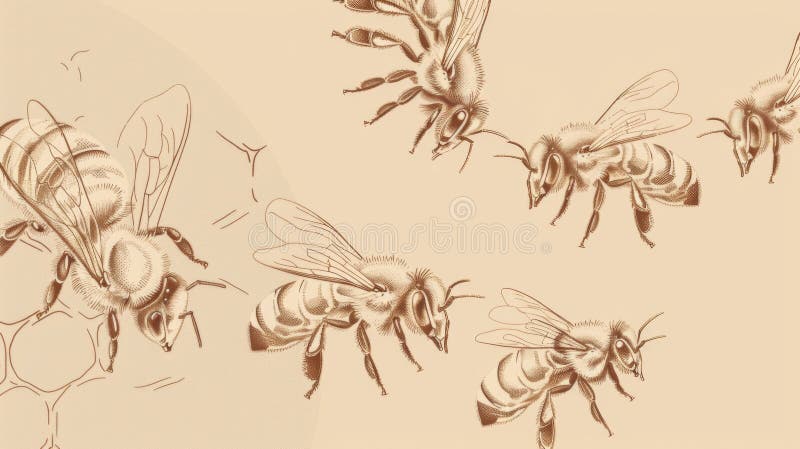 Evoking a classical feel, this image presents a series of bees captured in elegant line art, reminiscent of vintage scientific illustrations and celebrating the timeless beauty of these creatures. AI generated. Evoking a classical feel, this image presents a series of bees captured in elegant line art, reminiscent of vintage scientific illustrations and celebrating the timeless beauty of these creatures. AI generated