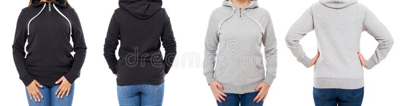 Przód i tylny widok - żeńska dziewczyny kobieta w popielatym czarnym hoodie odizolowywającym na białym tle fotografia stock Przód i tylny widok - żeńska dziewczyny kobieta w popielatym czarnym hoodie odizolowywającym na białym tle fotografia stock