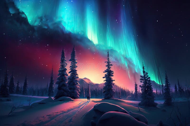 Prächtige Polarlichter oberhalb der nördlichen Schneelandschaft. ai-generierte Abbildung lizenzfreie abbildung